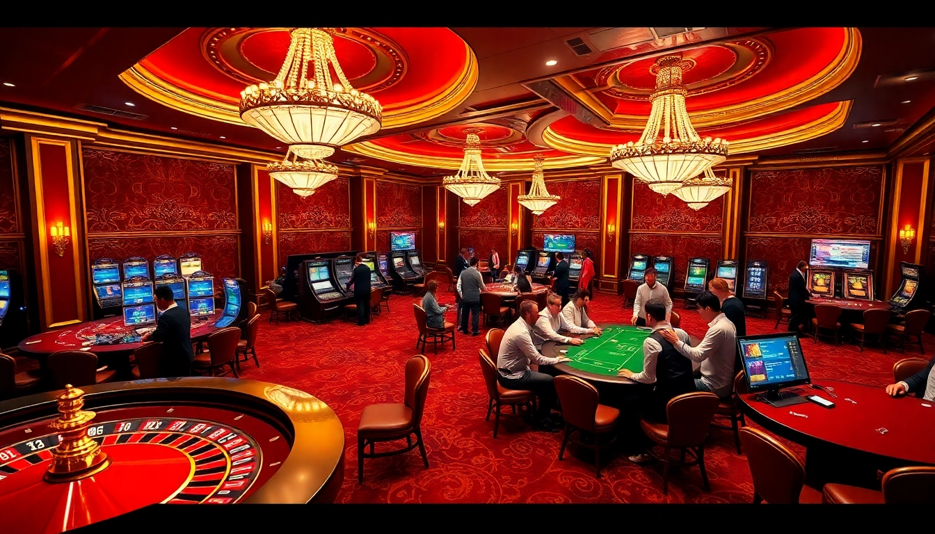 Live casino gaming experience at https://kuwin1.club/ with poker tables and roulette wheel.