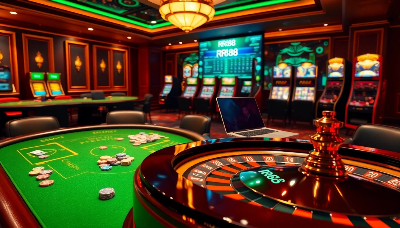 Engaging gaming scene at RR88 casino with poker tables, roulette wheel, and online gambling interface.