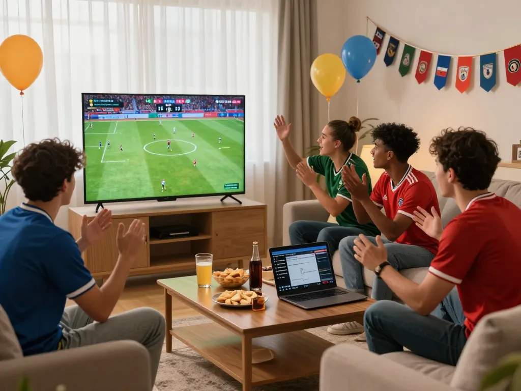 CakhiaTV live sports streaming at home with friends enjoying a football match on a large screen, creating a lively atmosphere.
