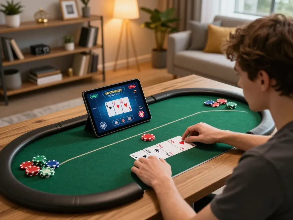 Engaging in online poker on a tablet while focusing on responsible gaming at home, featuring 68win.