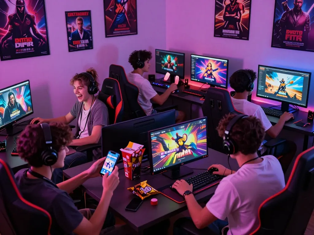 Diverse players enjoying immersive porn games in a vibrant gaming environment.