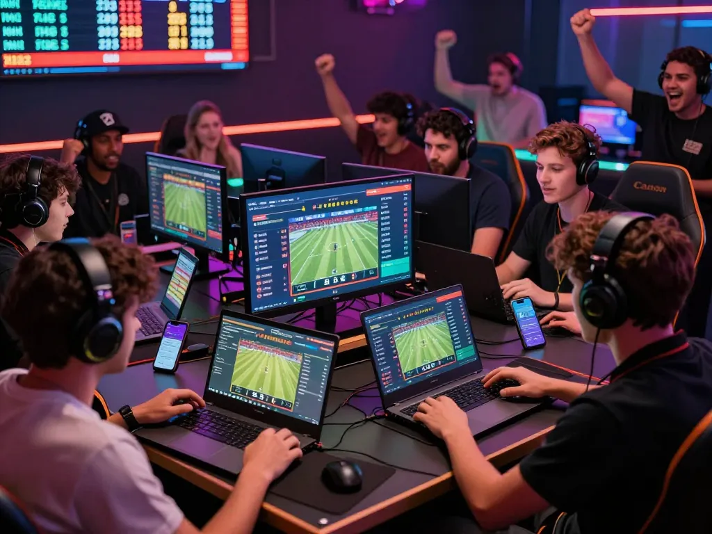 Players actively engaging with vsbet's online betting platform in a lively gaming atmosphere, showcasing excitement and modern technology.
