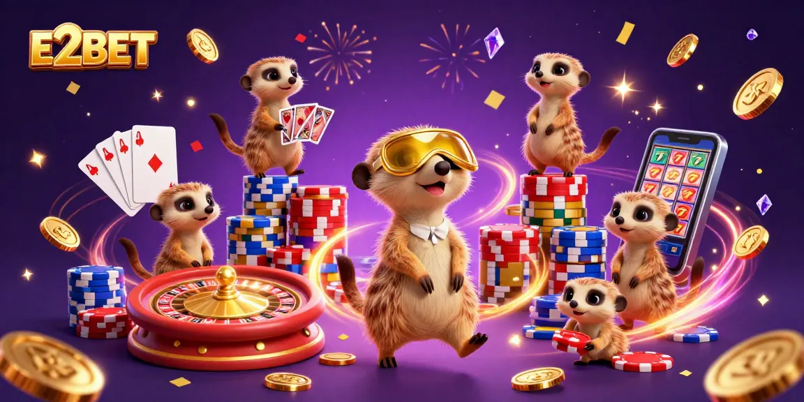 Experience thrilling gameplay with E2BET as meerkats run a vibrant casino, showcasing card games and accessories.