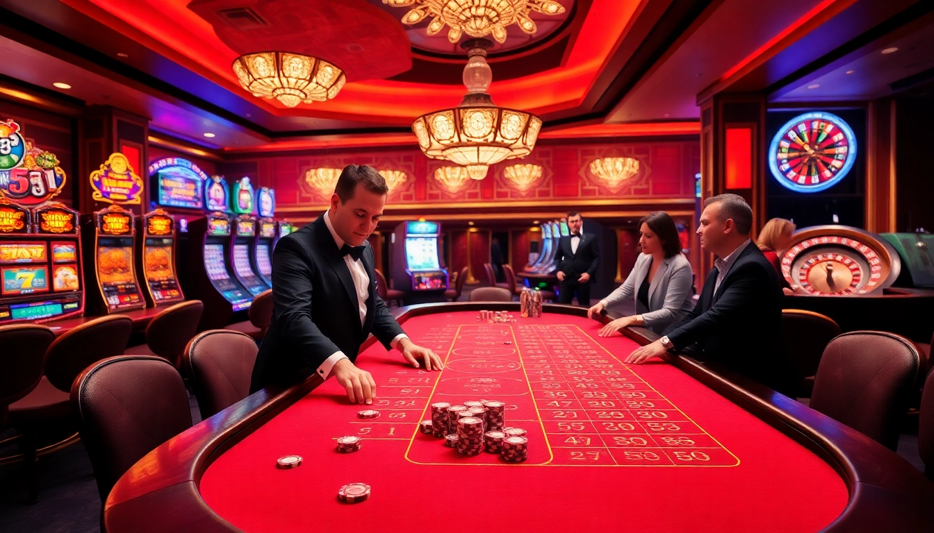Play baccarat at red88.hot in a vibrant casino scene with expert dealers and exciting slot machines.