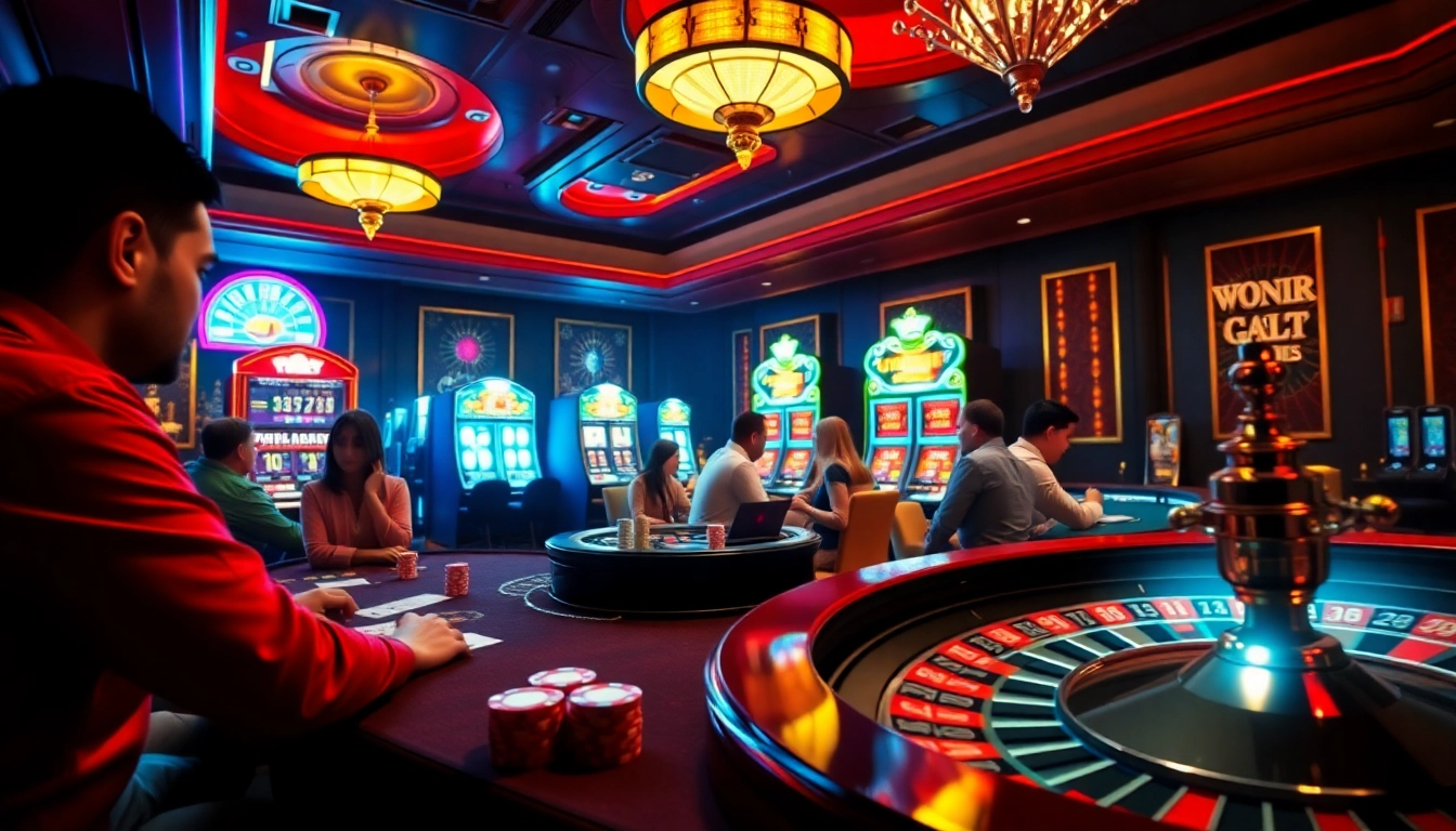 Experience high-stakes action at https://nk88zz.bio/ with vibrant casino gaming and players at tables.