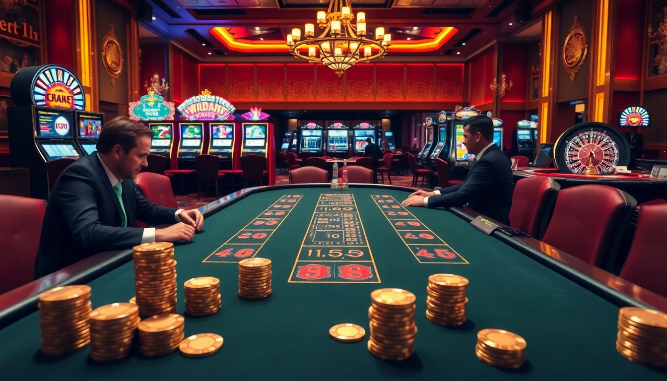 Experience the thrilling atmosphere at vaoluoitv with a stunning casino scene showcasing poker, slots, and roulette.