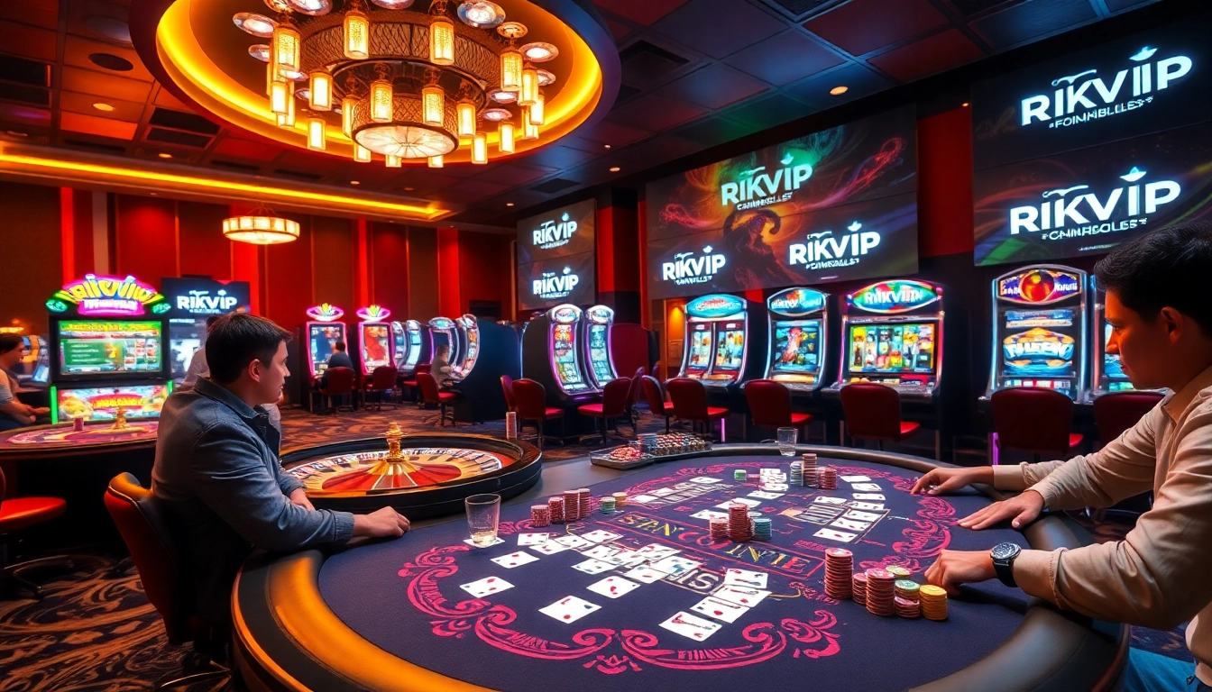 rikvip players excited at a poker table with chips and roulette wheel in a luxurious casino