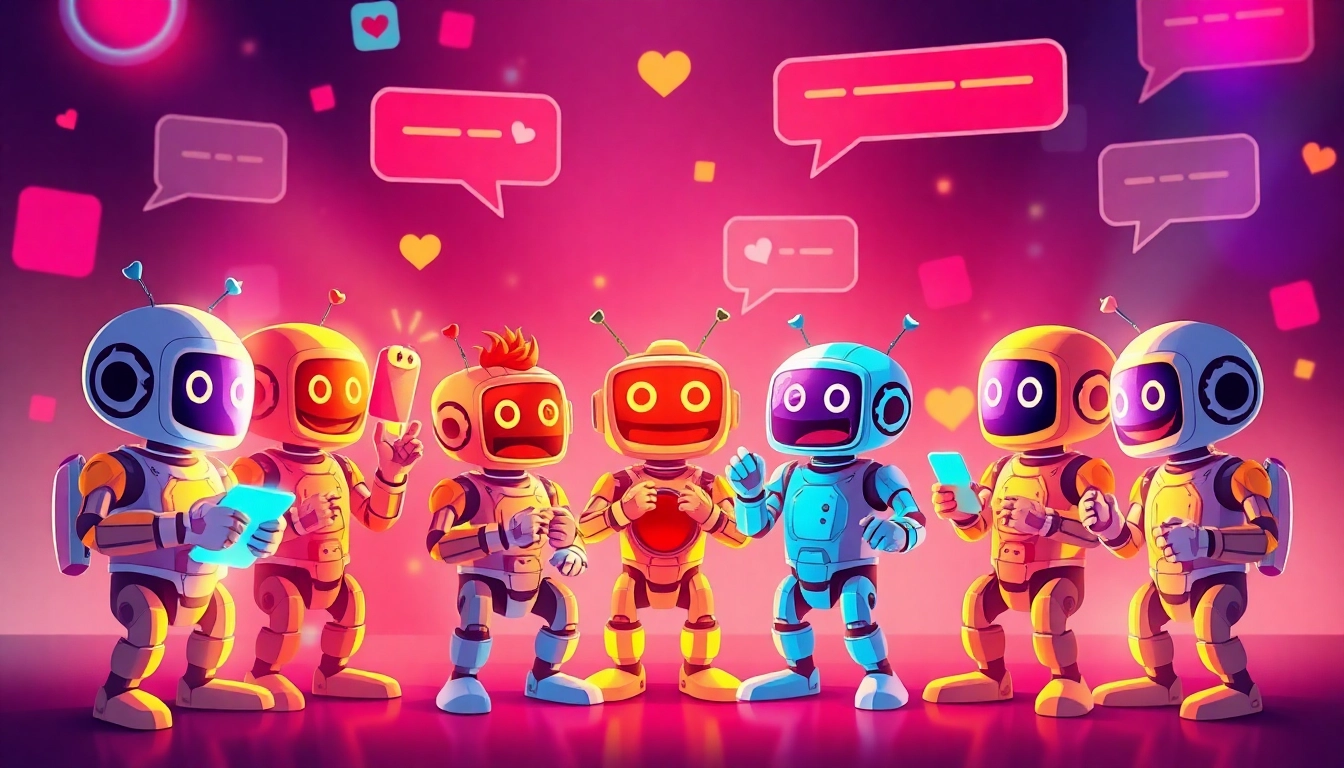 Spicy chat bots engaging in animated conversation with vibrant colors and lively backgrounds.