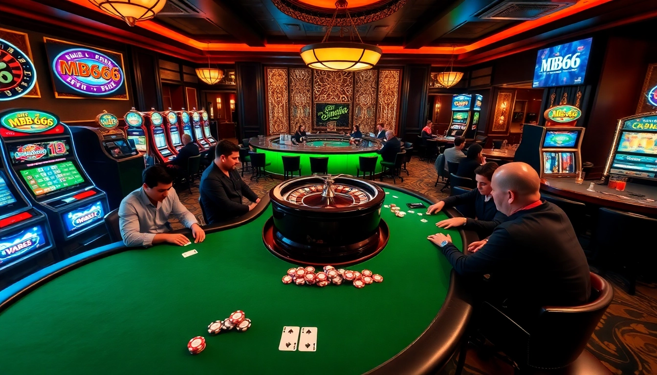 Experience high-stakes poker at MB66 Casino with luxurious tables and vibrant slot machines.