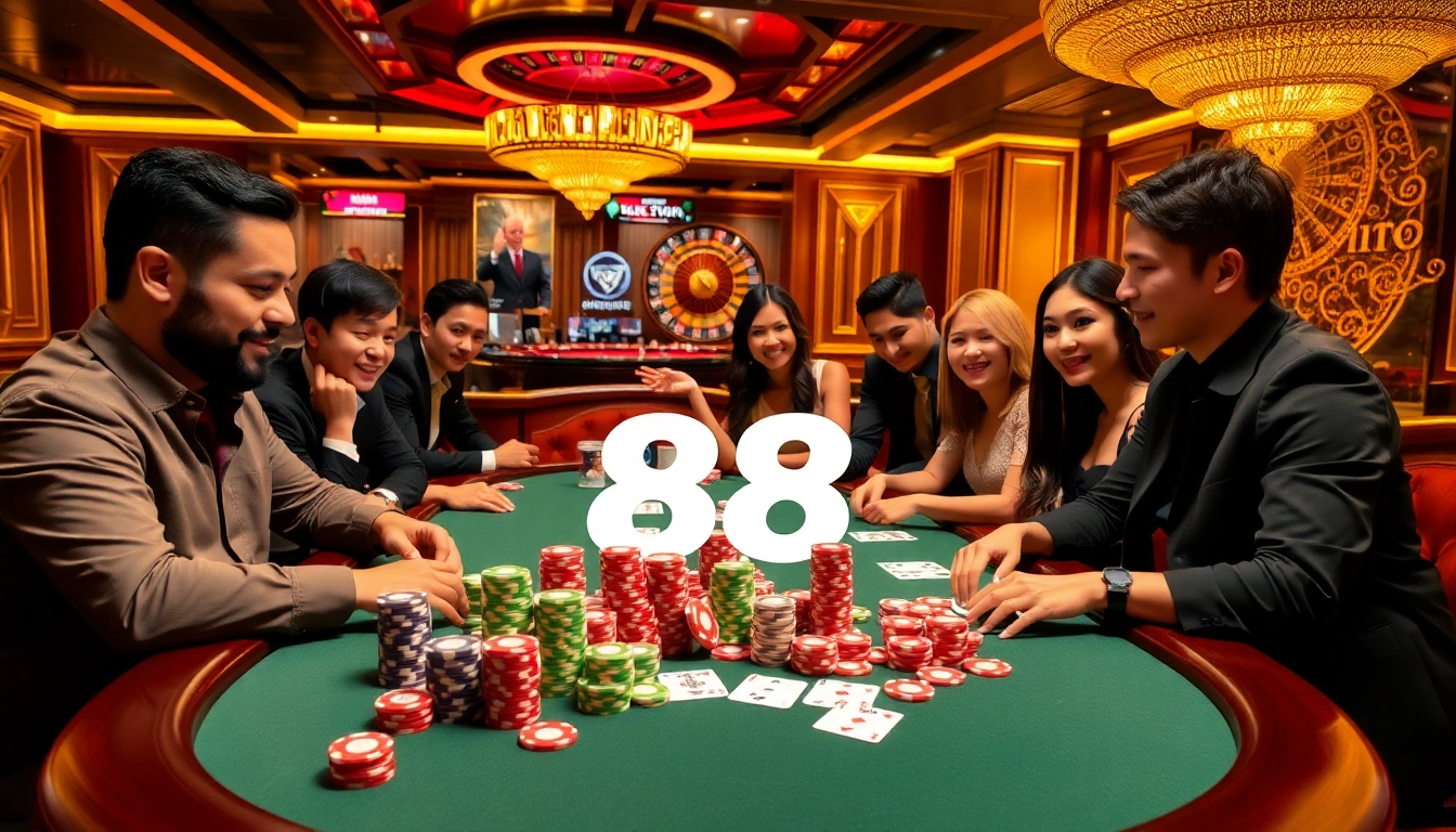 Experience a thrilling poker game at XX 88 with vibrant chips and excited players.