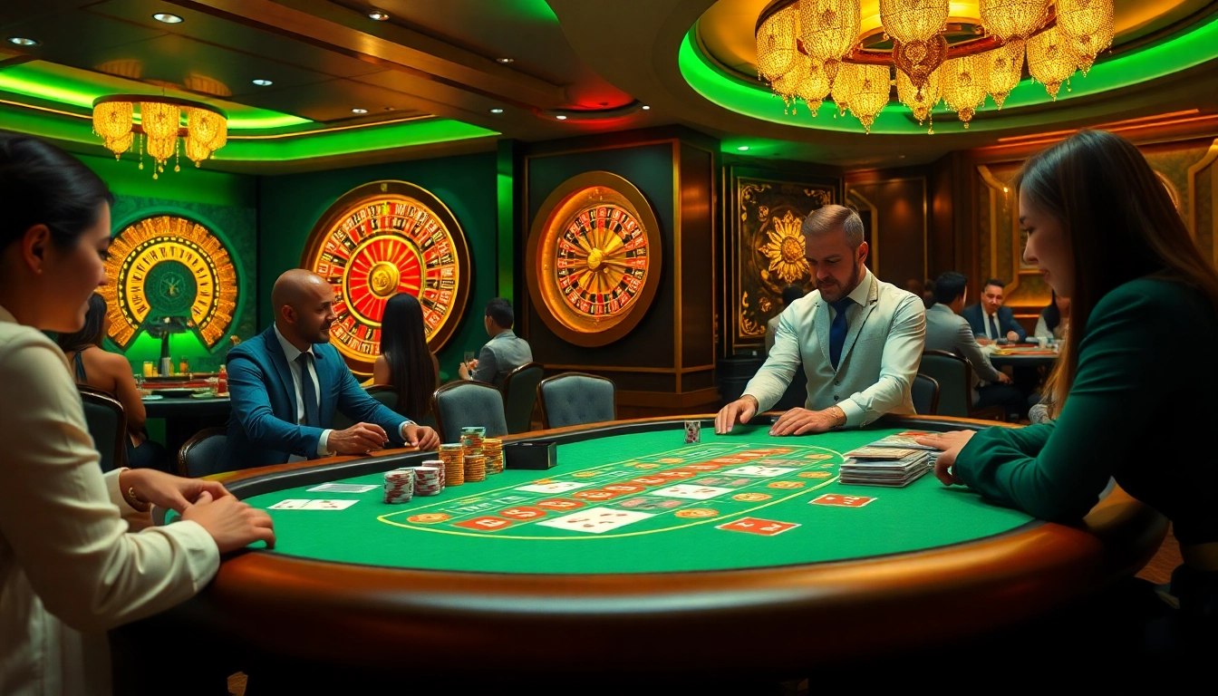 Max88 casino scene showcasing players at a blackjack table with vibrant lighting and decor.