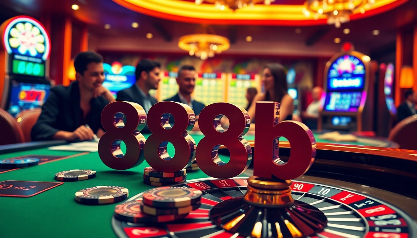 Players enjoy a thrilling moment at the 888b casino table, filled with vibrant poker chips and cards.