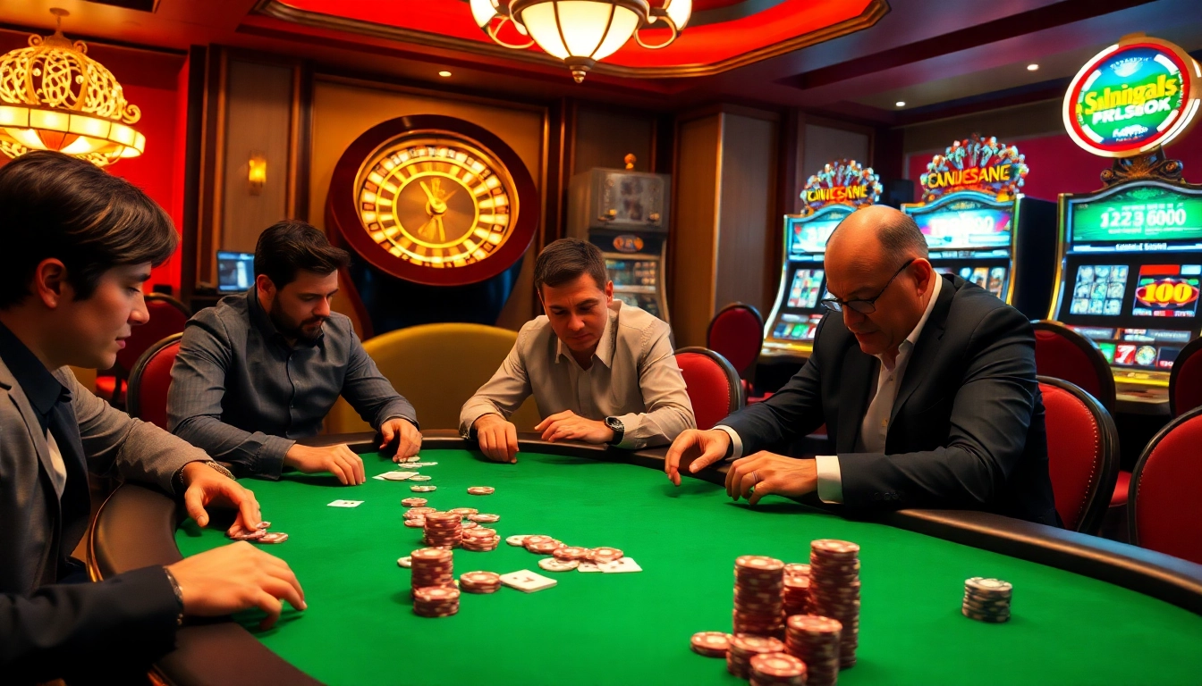 Engaging poker players strategize at a table in a luxurious casino setting, highlighting bong88.casa.