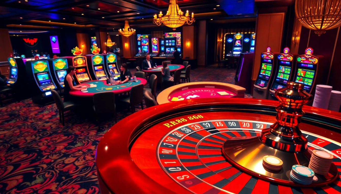 Players enjoying a thrilling roulette game at RR88 casino, surrounded by vibrant slot machines.