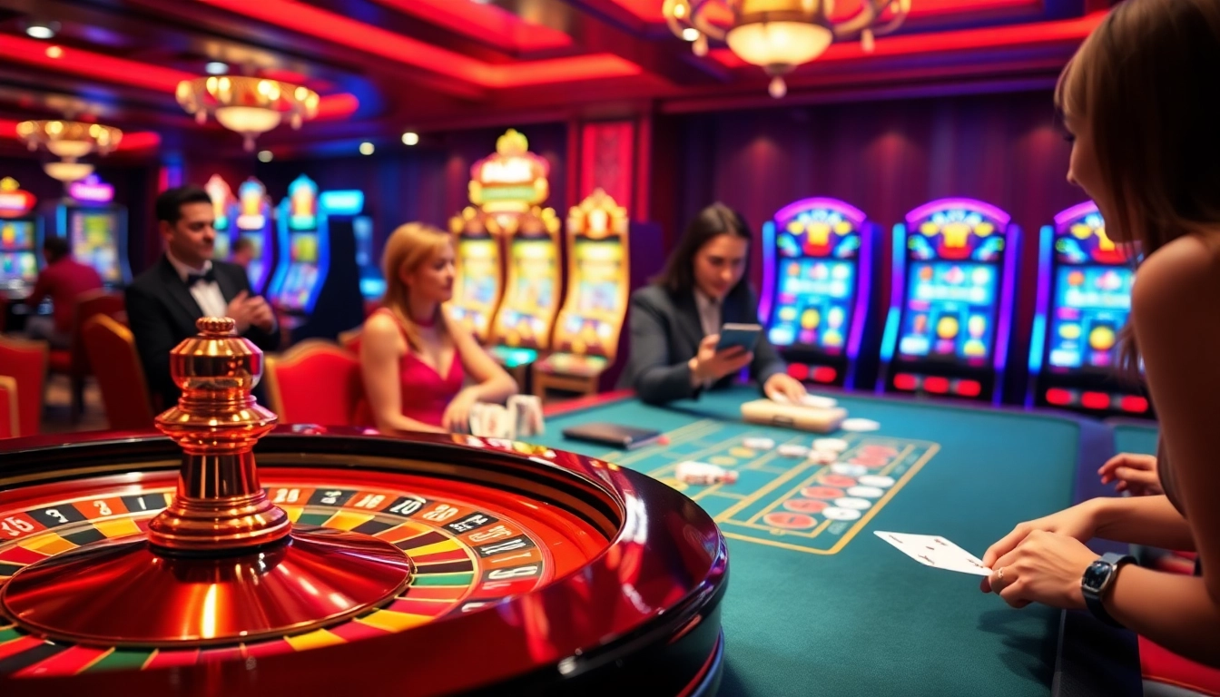 Players enjoying high-stakes gambling at a luxury casino featuring F168 themed elements and vibrant slot machines.
