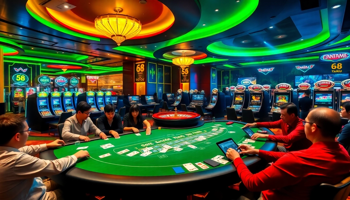 Experience thrilling gameplay with 68 Game Bài at a luxurious casino environment, featuring vibrant gaming tables and online interfaces.