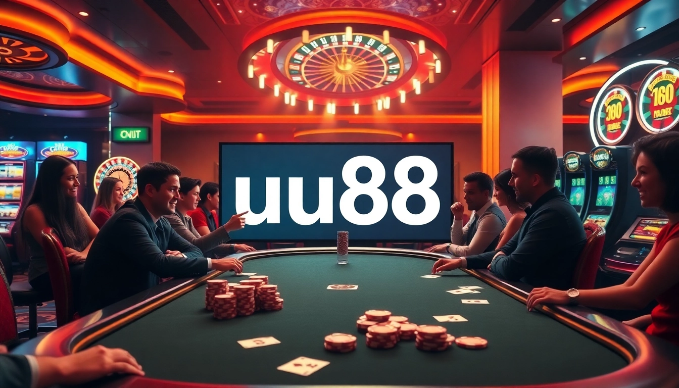 Experience the thrill of uu88 in an upscale casino scene with poker chips and a spinning roulette.
