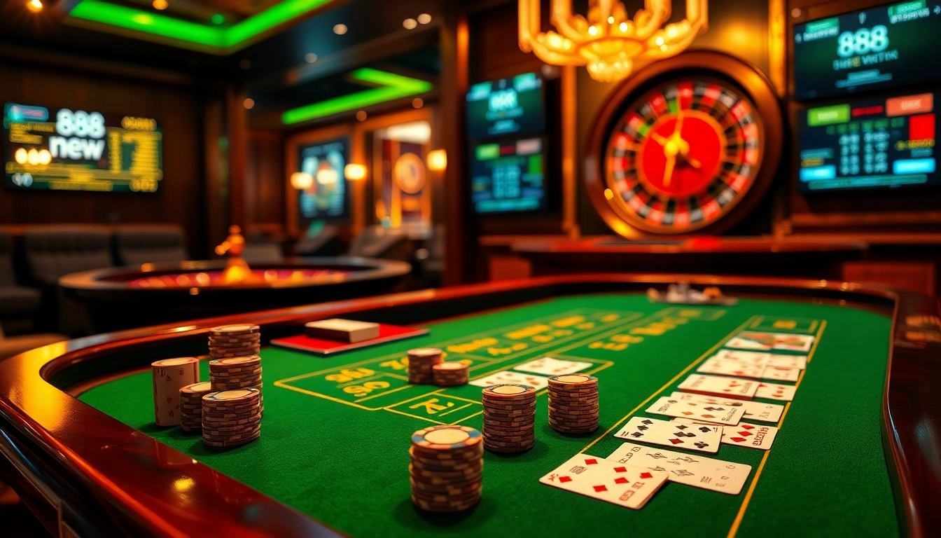 Experience an exciting blackjack game at 888 new casino with vibrant betting tables and thrilling atmosphere.