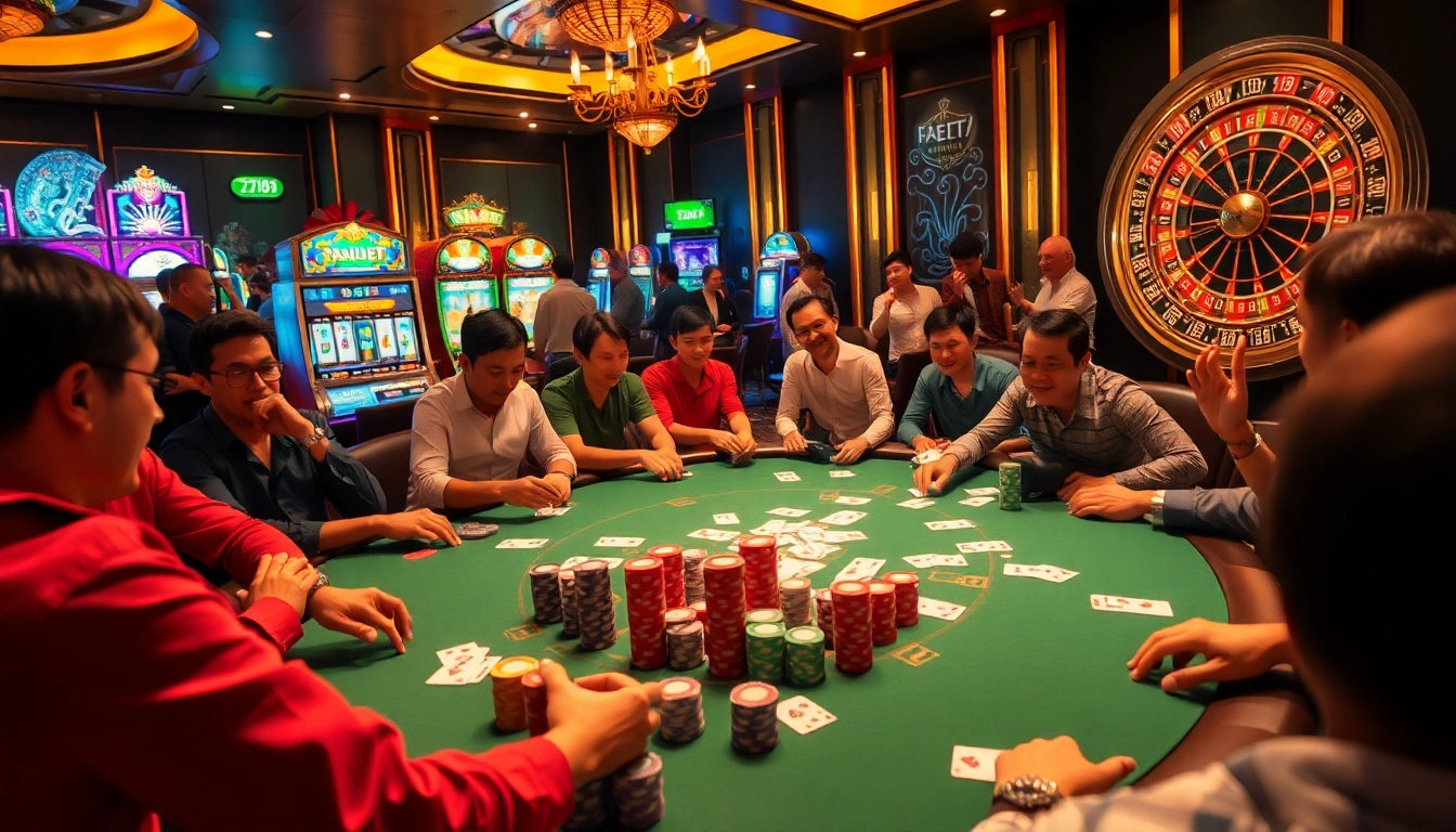 FABET offers thrilling casino experiences with players celebrating at poker tables.