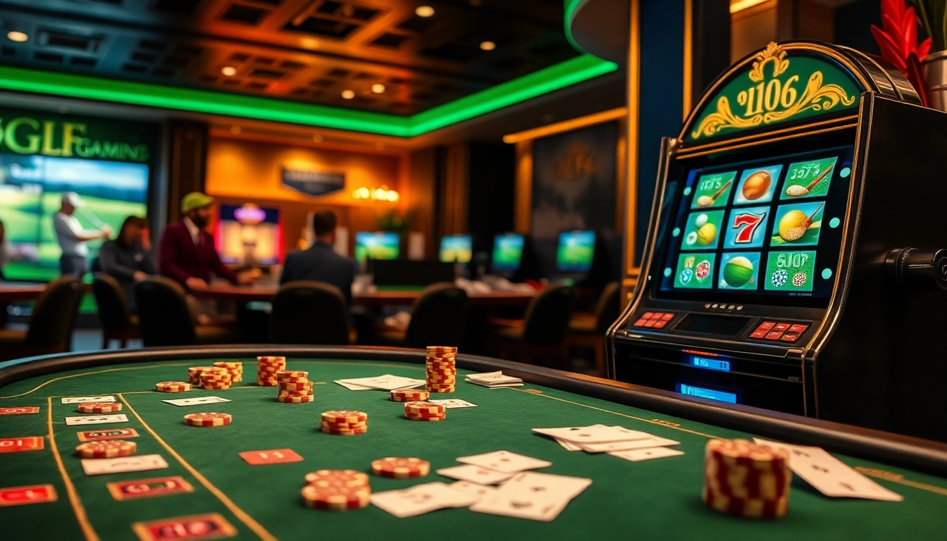 Engaging golf-themed gaming experience at https://mb66.golf/ showcasing casino excitement with poker table and slot machine.