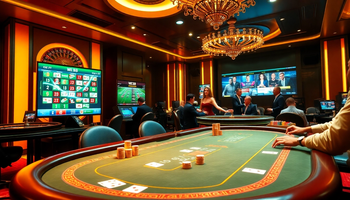 Players enjoying a thrilling gaming experience at WE88 online casino tables with vibrant lights.