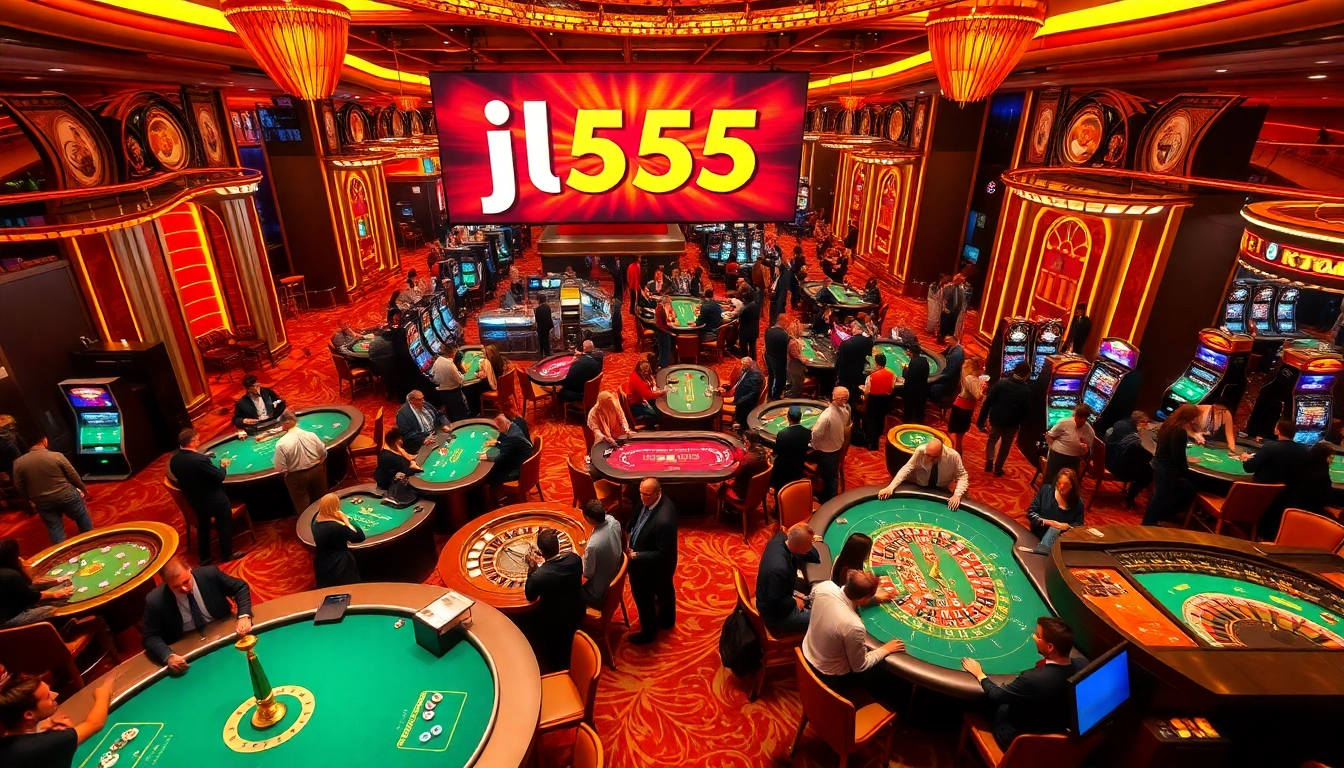 Experience the thrill of jl55 gaming with casino tables, roulette wheels, and vibrant players.