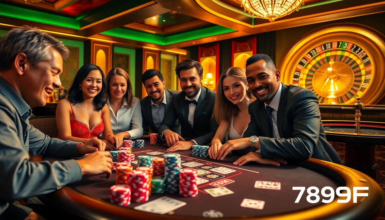Experience the thrill of 789F with a luxurious casino scene showcasing an intense poker game, vibrant chips, and a roulette wheel.