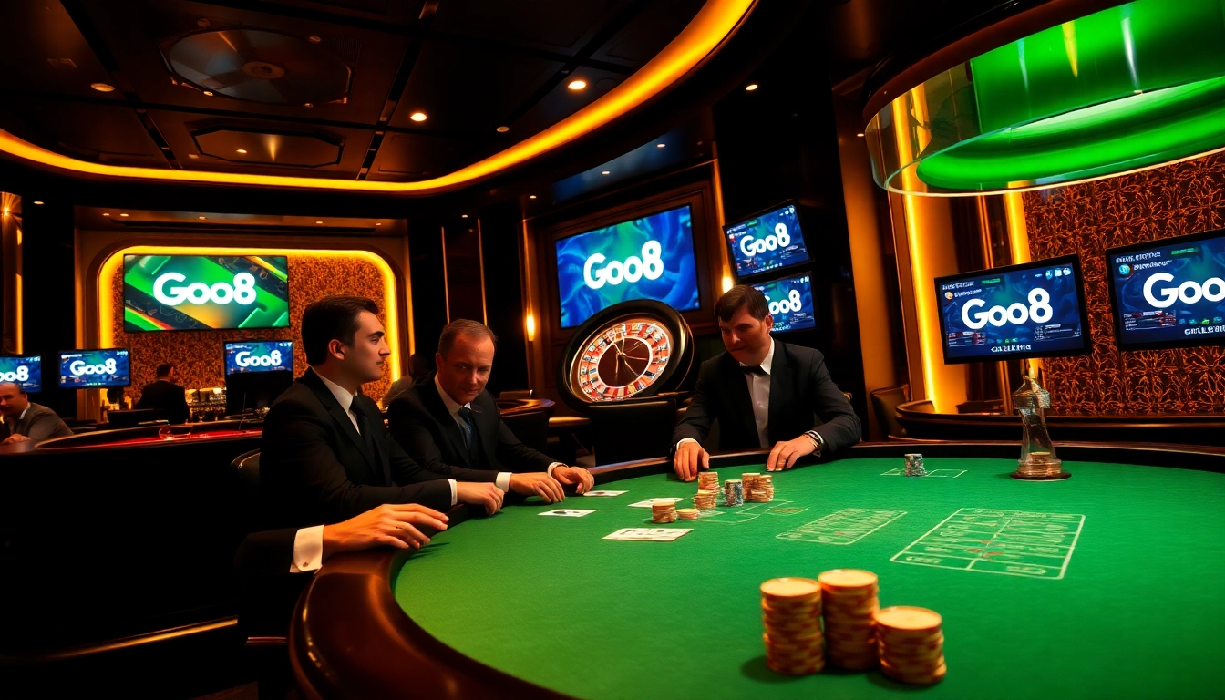 Go8 casino players engaged in a high-stakes poker game surrounded by luxury and excitement.