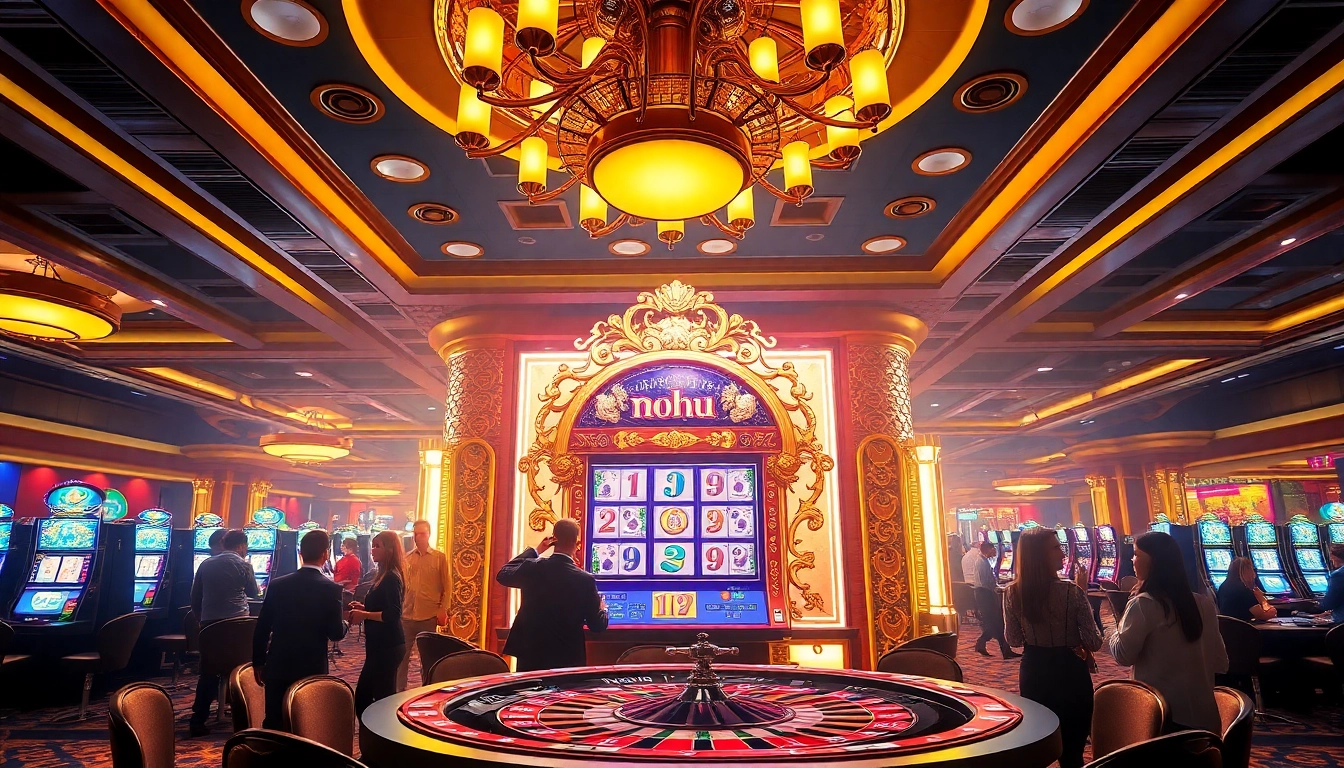 Nohu slot machine surrounded by players enjoying gambling action in a vibrant casino atmosphere.