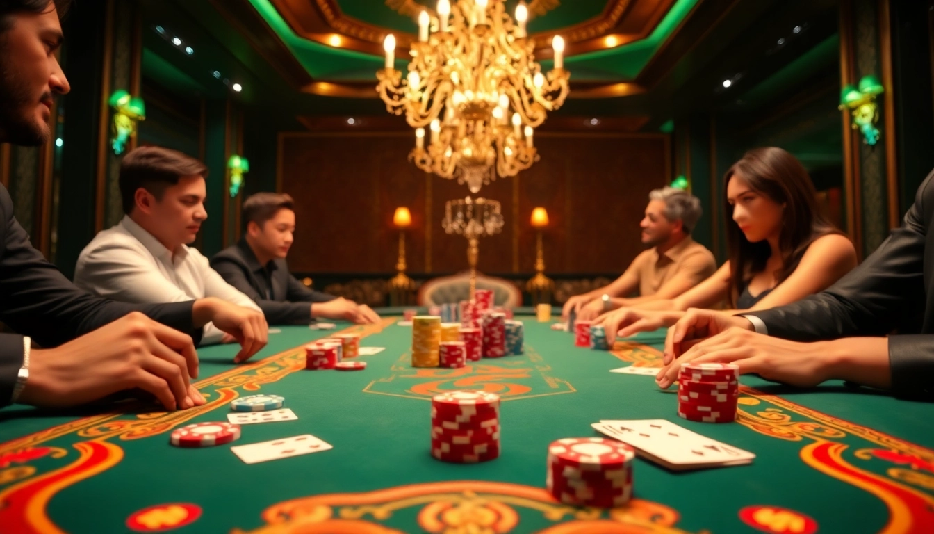 Players bet strategically at a j88-themed poker table in a luxurious casino setting.