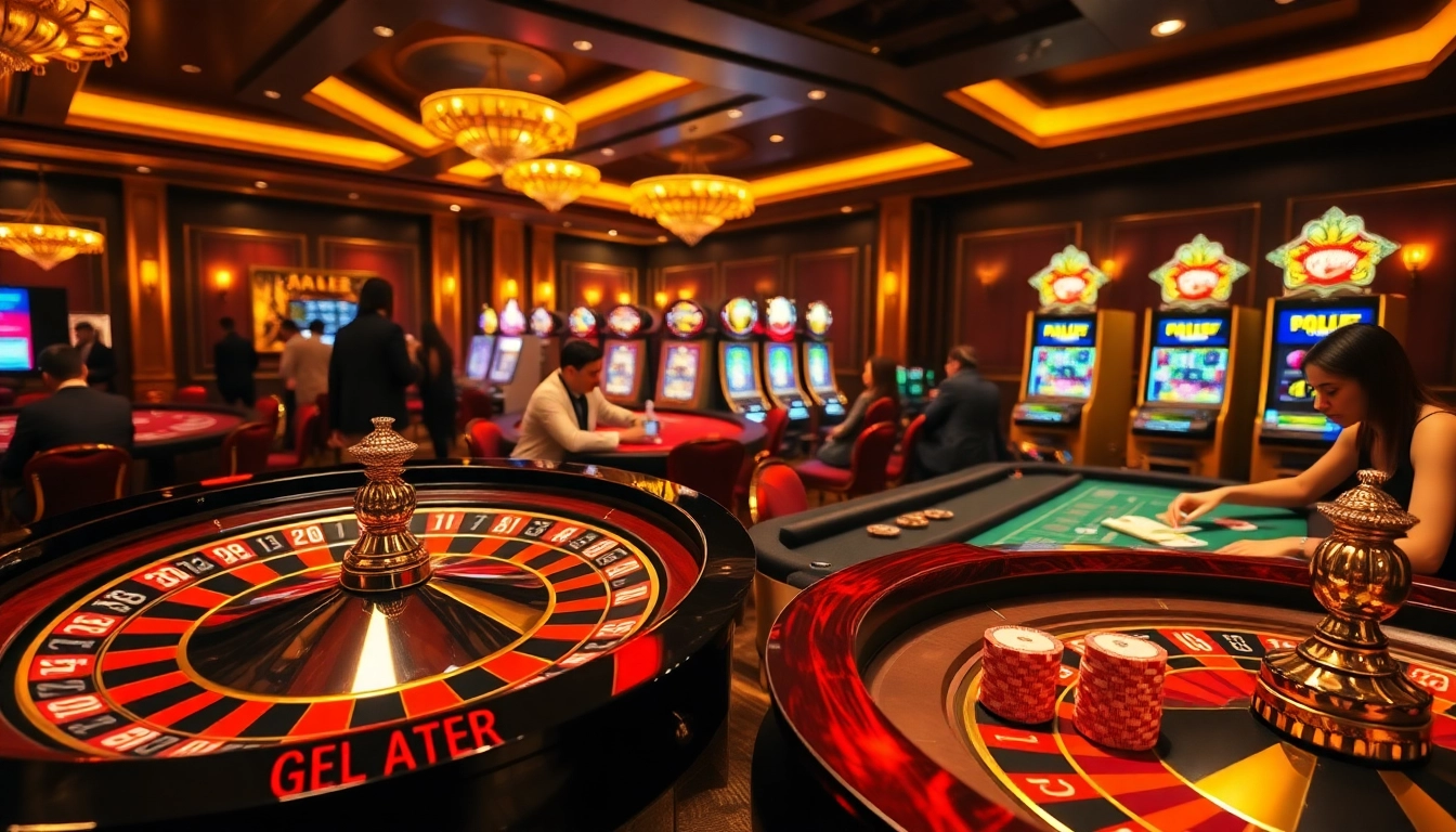 Experience thrilling gameplay at https://nk88zz.bio/, featuring a glamorous casino setting with diverse gaming action.