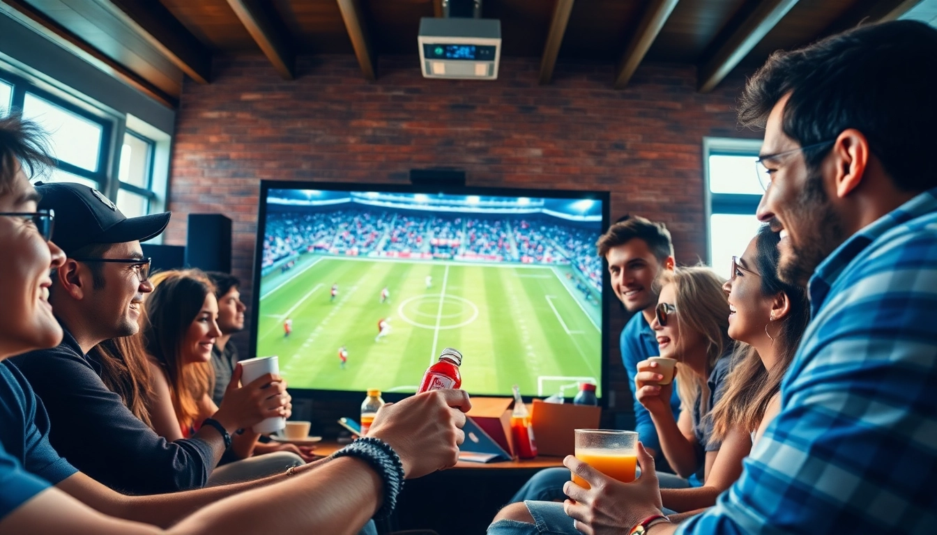 Excited fans watching a live football match on joemadfan.com, enjoying an immersive sports experience.