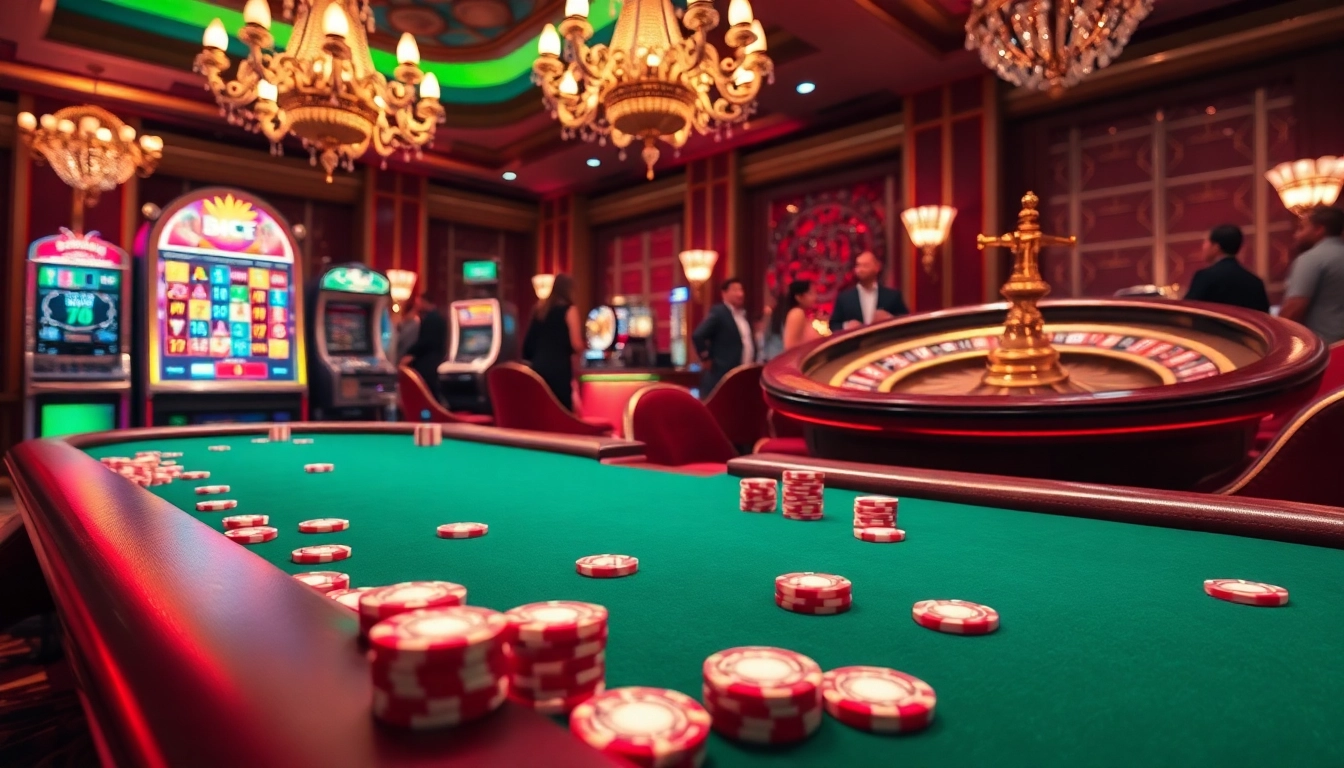 Engage with the thrilling atmosphere of https://zk88.club/ showcasing a luxurious casino poker table and vibrant slot machine.