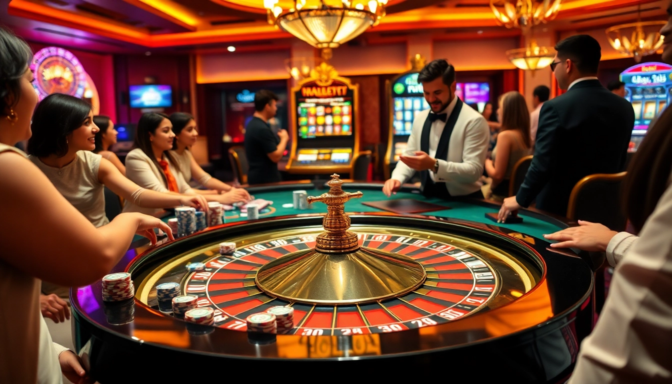 FABET logo displayed in a luxurious casino scene with roulette table and excited players.