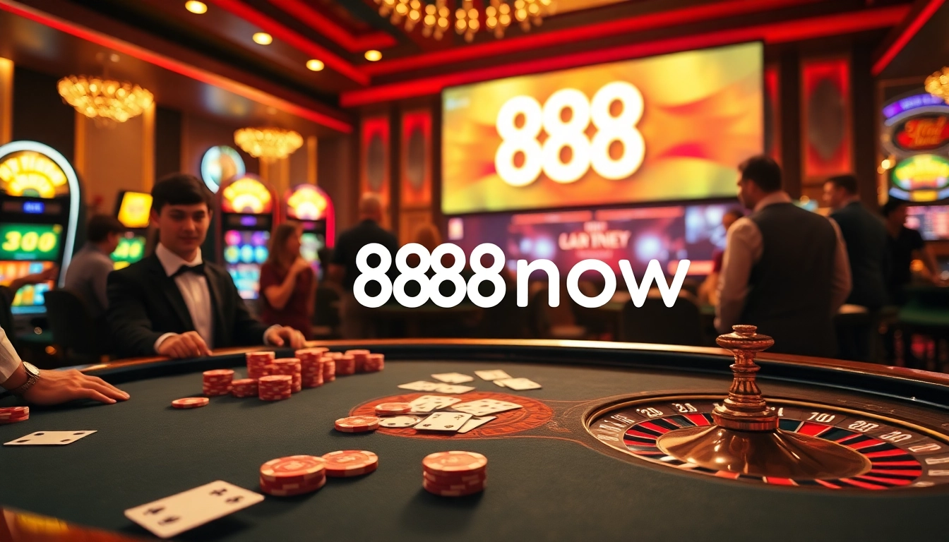 Players engaged at a poker table with 888now branding, showcasing thrilling casino action.