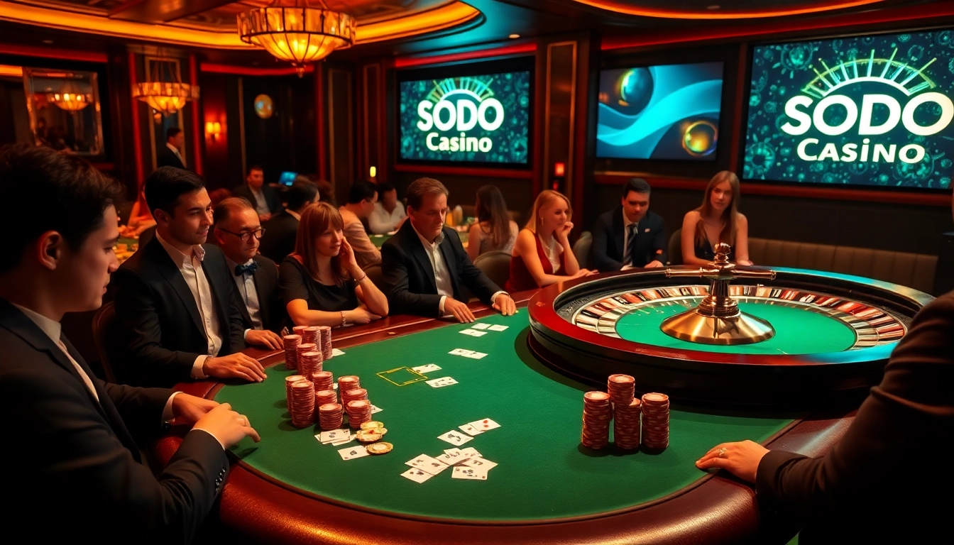 SODO Casino table scene with poker players and colorful chips in an upscale environment.