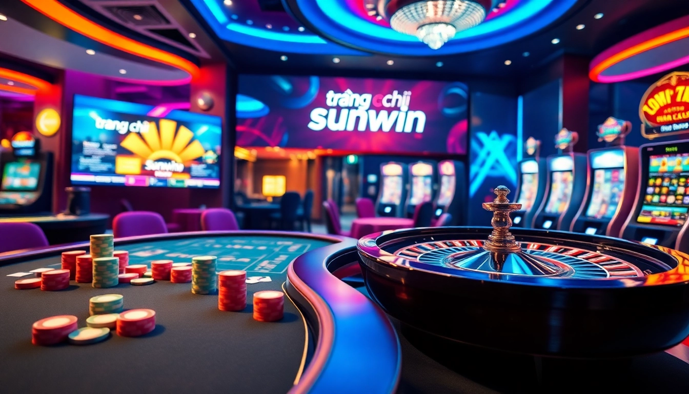 A dynamic casino scene featuring the online interface of trang chủ sunwin with vibrant colors and rich gaming elements.