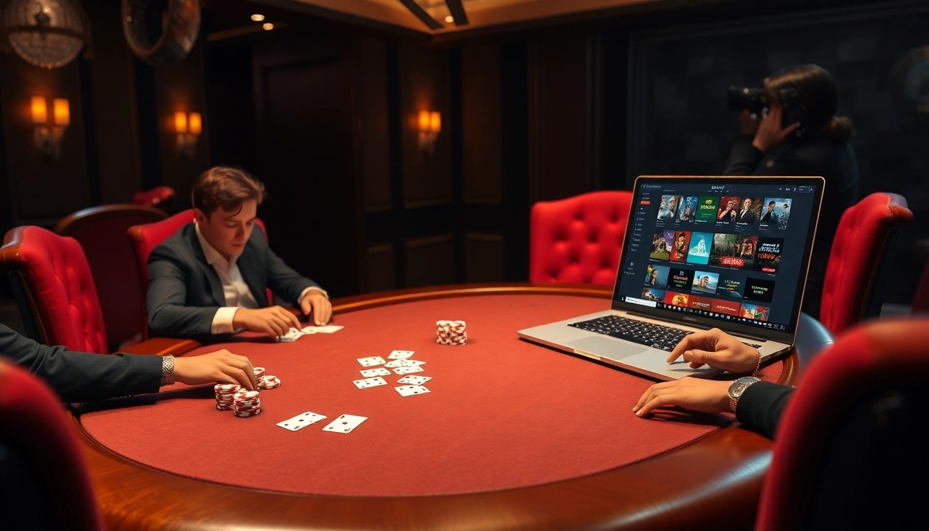 SODO Casino players engage in an intense poker game at a luxurious table with vibrant poker chips.