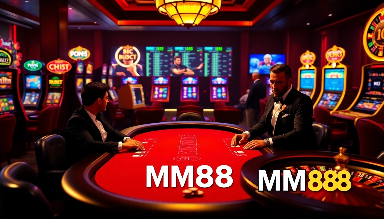 Engaging casino scene highlighting link mm88 with players at a poker table and vibrant slot machines.