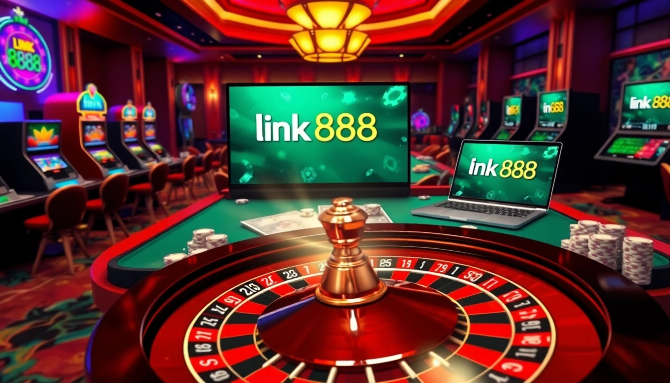 Engage with U888's thrilling casino scene featuring slot machines, poker chips, and roulette excitement.