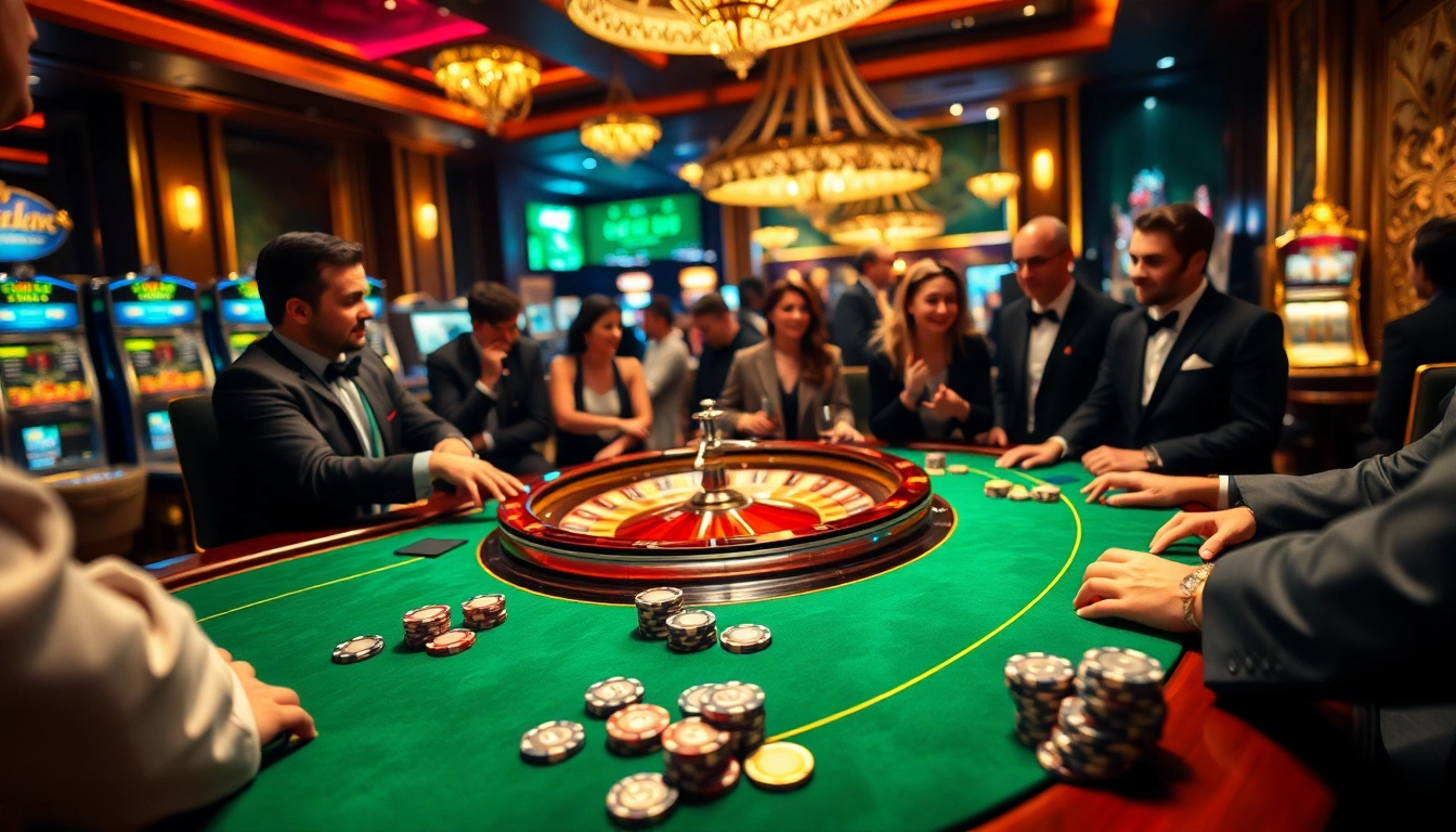 Engaging poker game at MMOO casino with excited players and a glamorous atmosphere.
