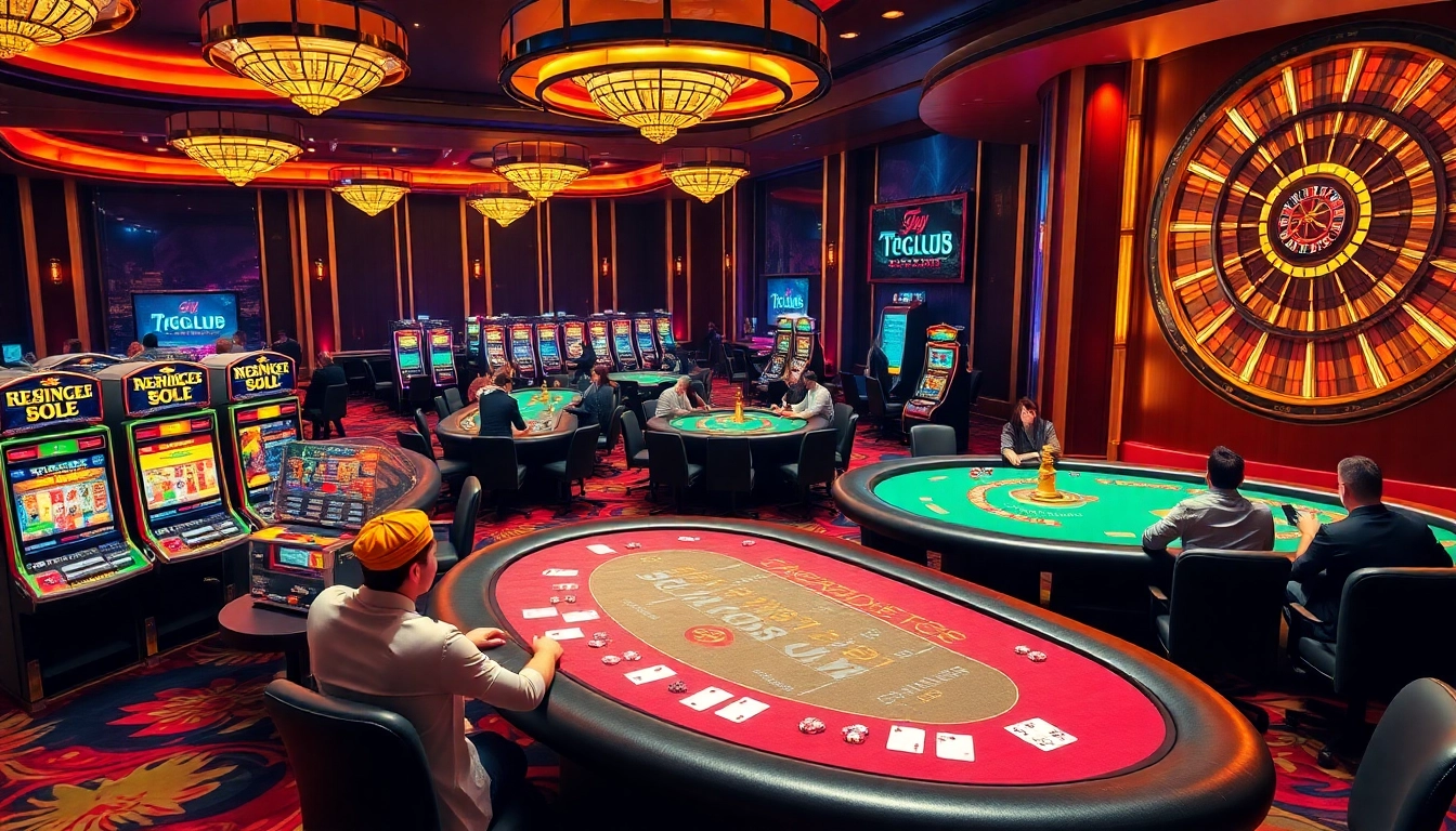 Players enjoying a thrilling game night at 789club casino with vibrant poker tables and slot machines.