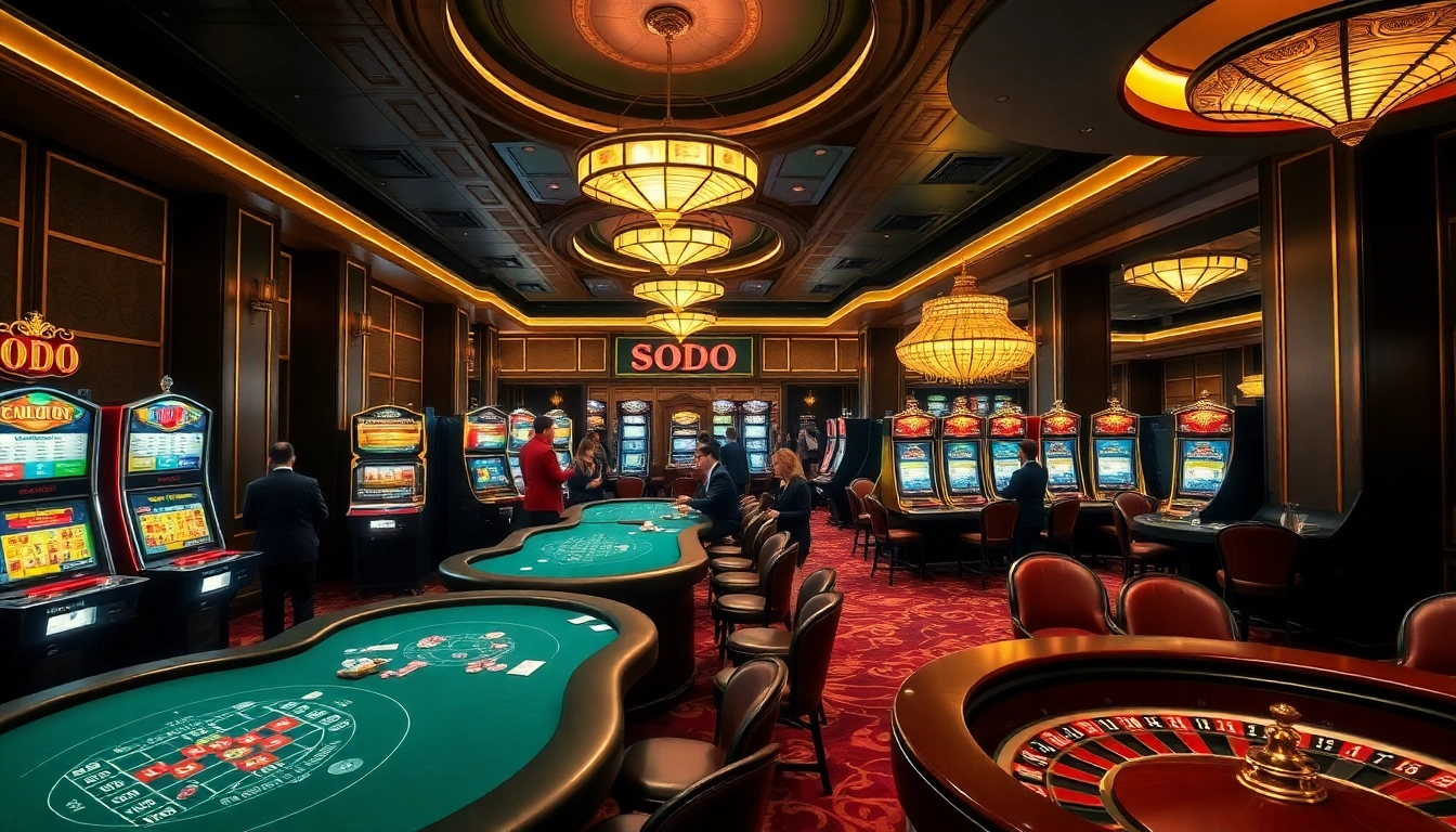 SODO CASINO lively poker table scene with gamblers playing and vibrant slot machines in the background.