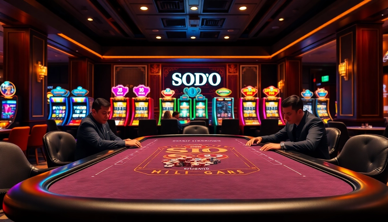 SODO-themed gambling scene with excited players at a casino poker table, highlighting the thrill of betting.