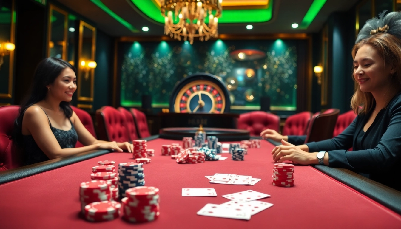 Players enjoying an exciting game at the NK 88 casino table with vibrant chips and cards.