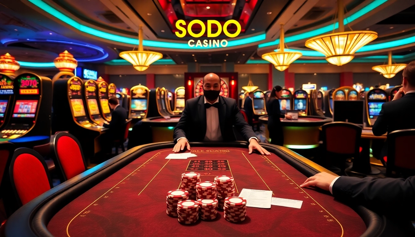 Players enjoying a thrilling game at SODO CASINO's elegant poker table with vibrant decor.