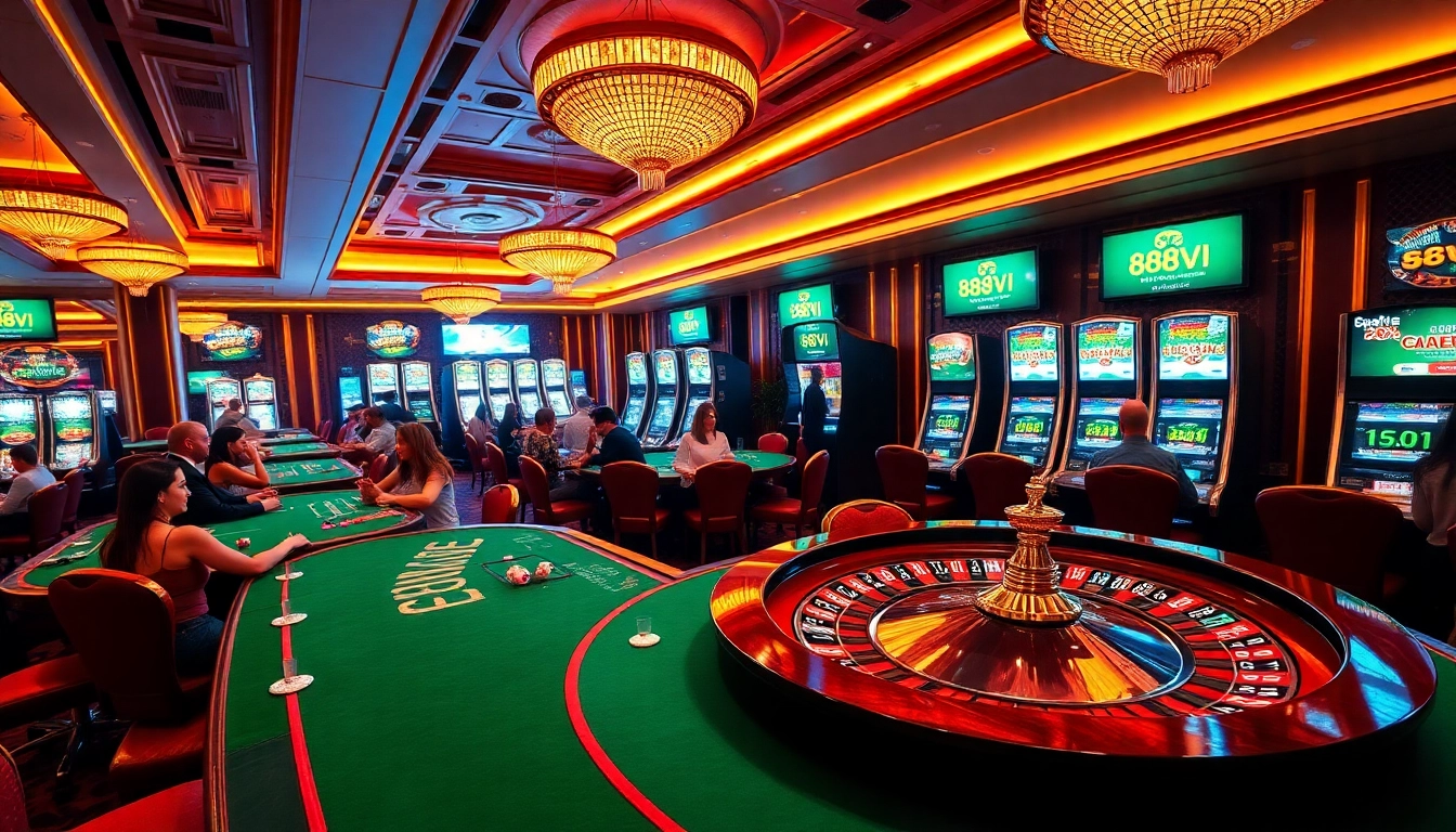 Players enjoying a thrilling game at 888VI casino, featuring vibrant tables and exciting slot machines.