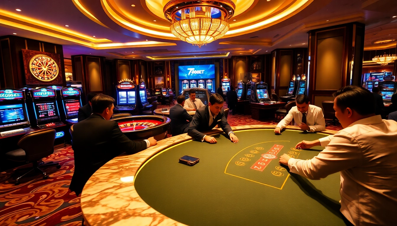 Engaged players at a 789BET poker table, highlighting excitement in a luxurious casino.