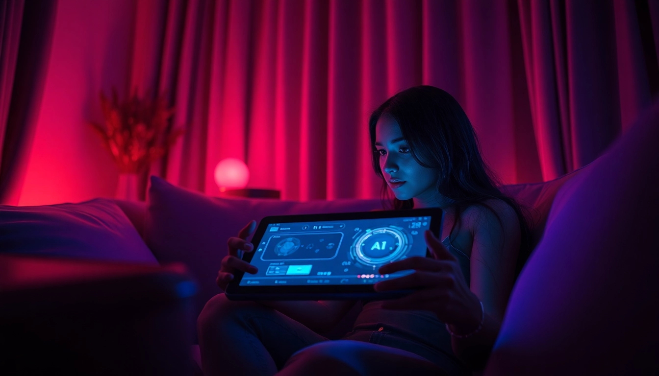 Intimate engagement with nsfw ai on a futuristic tablet in a cozy setting.