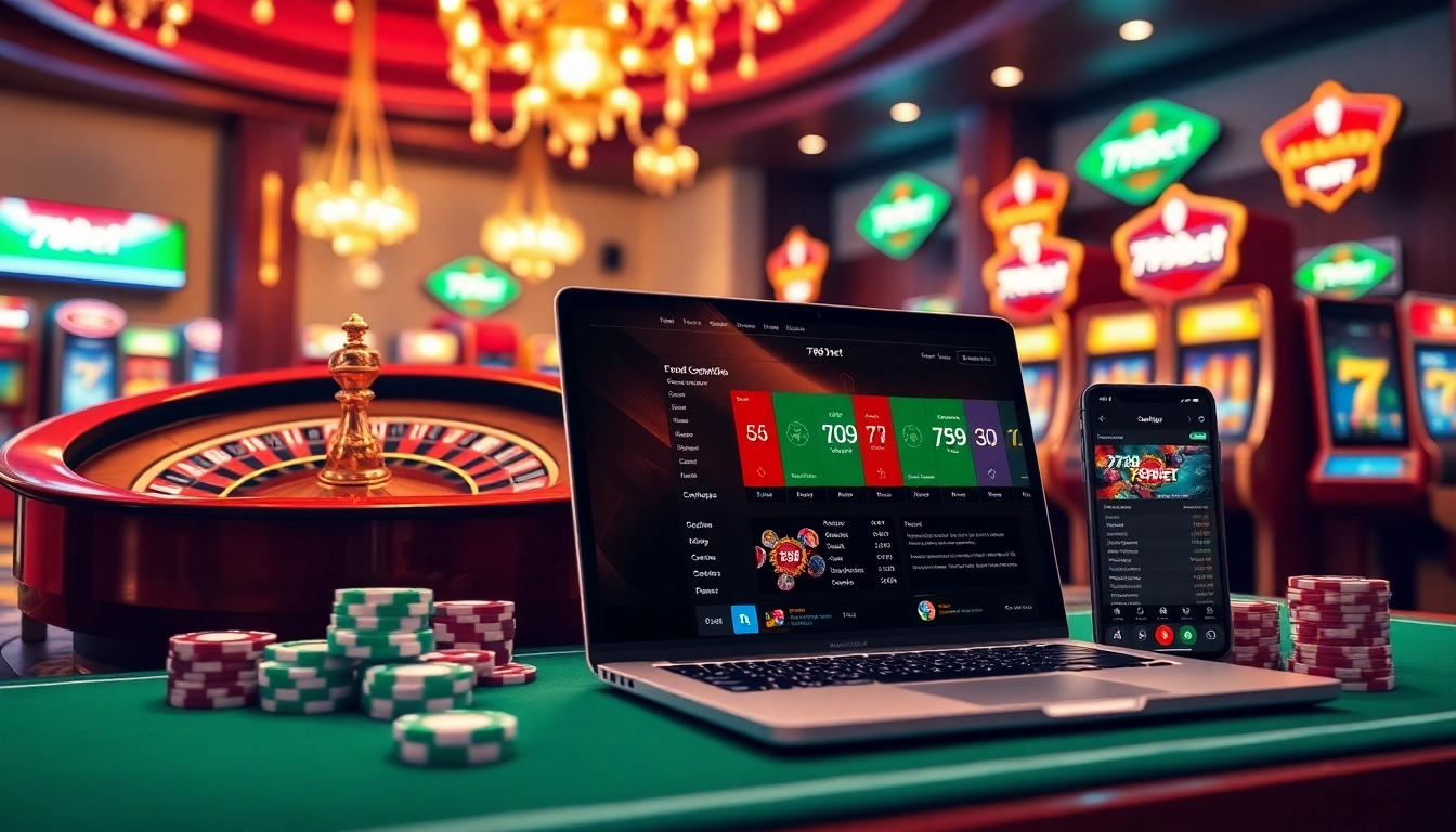 Experience the excitement of 789bet with vibrant casino elements like poker chips and a roulette wheel.